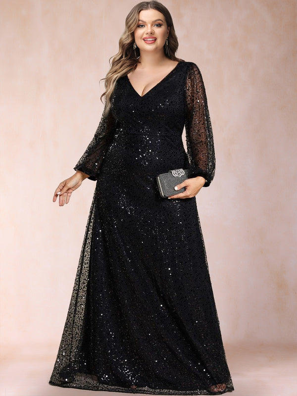 A-Line/Princess V-Neck Long Sleeves Sequins Plus Size Mother of the Bride Dresses