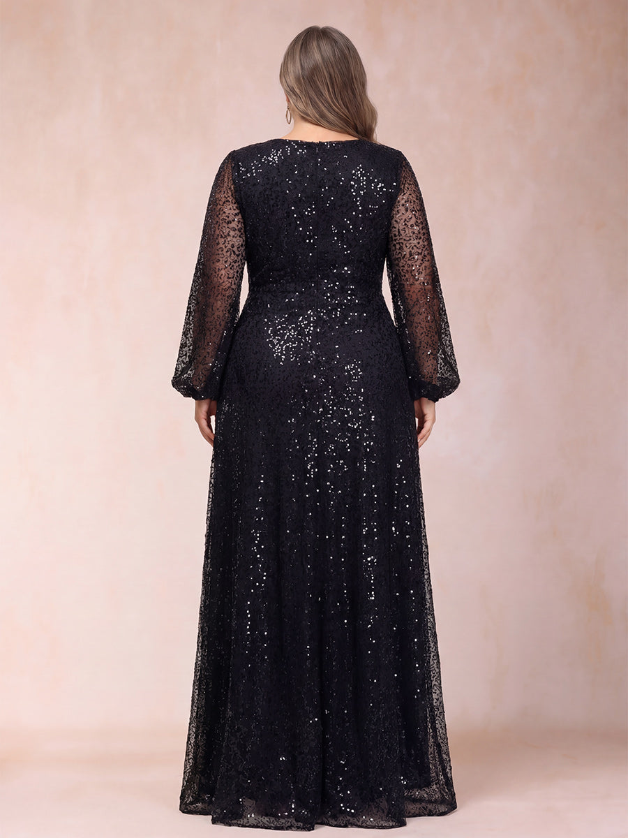 A-Line/Princess V-Neck Long Sleeves Sequins Plus Size Mother of the Bride Dresses