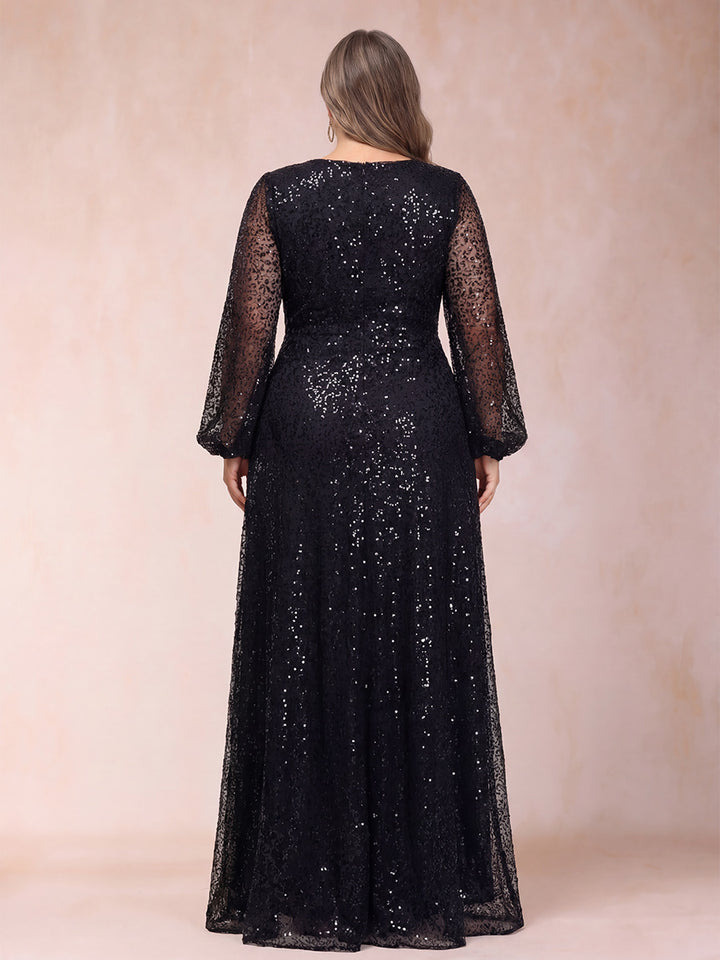 A-Line/Princess V-Neck Long Sleeves Sequins Plus Size Mother of the Bride Dresses