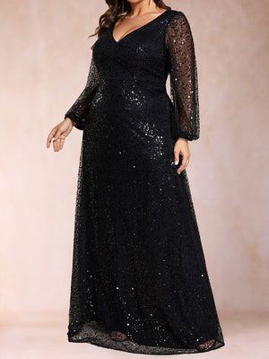 A-Line/Princess V-Neck Long Sleeves Sequins Plus Size Mother of the Bride Dresses
