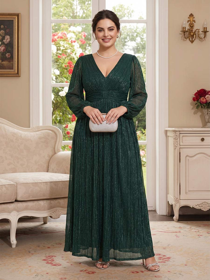 A-Line/Princess V-Neck Long Sleeves  Plus Size Mother of the Bride Dresses With Ruched
