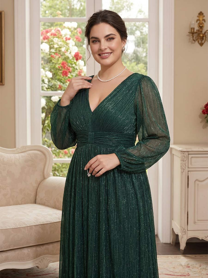 A-Line/Princess V-Neck Long Sleeves  Plus Size Mother of the Bride Dresses With Ruched