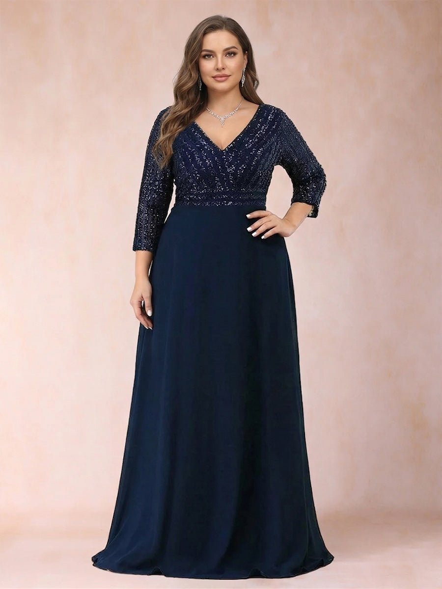 A-Line/Princess V-Neck 3/4 sleeves Long Plus Size Mother of the Bride Dresses With Sequins