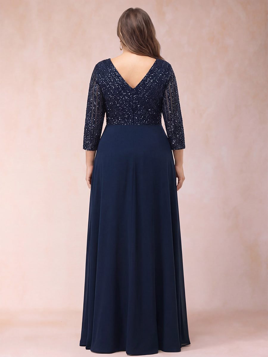 A-Line/Princess V-Neck 3/4 sleeves Long Plus Size Mother of the Bride Dresses With Sequins