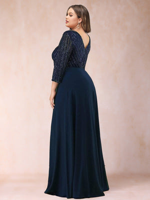 A-Line/Princess V-Neck 3/4 sleeves Long Plus Size Mother of the Bride Dresses With Sequins