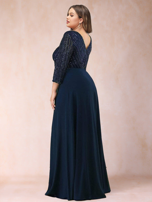 A-Line/Princess V-Neck 3/4 sleeves Long Plus Size Mother of the Bride Dresses With Sequins