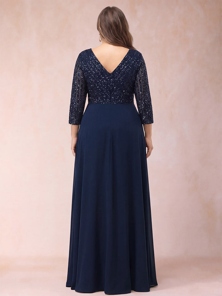 A-Line/Princess V-Neck 3/4 sleeves Long Plus Size Mother of the Bride Dresses With Sequins