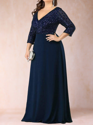 A-Line/Princess V-Neck 3/4 sleeves Long Plus Size Mother of the Bride Dresses With Sequins