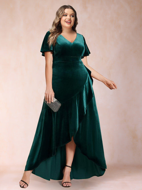 A-Line/Princess V-Neck Short Sleeves Velvet Plus Size Mother Of the Bride Dresses With Split Side