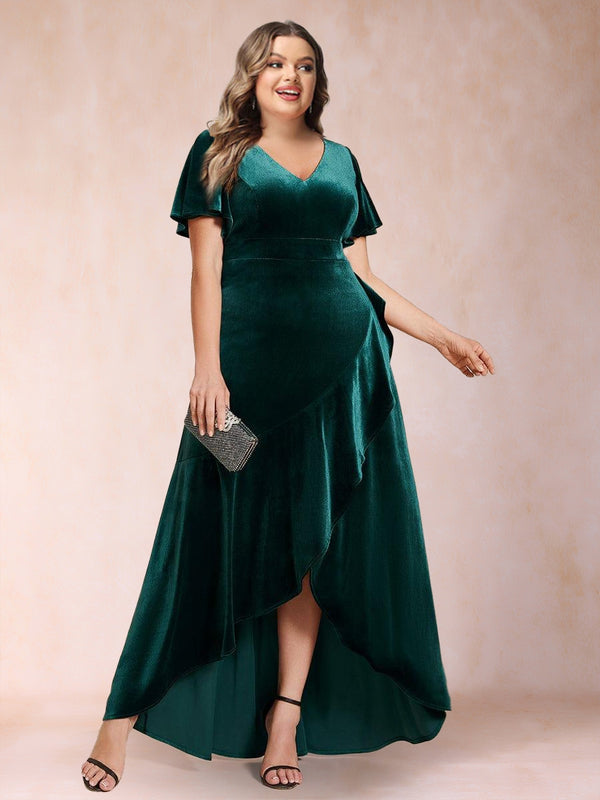 A-Line/Princess V-Neck Short Sleeves Velvet Plus Size Mother Of the Bride Dresses With Split Side