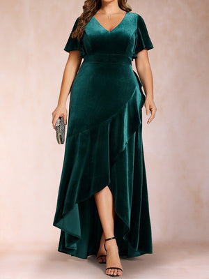 A-Line/Princess V-Neck Short Sleeves Velvet Plus Size Mother Of the Bride Dresses With Split Side