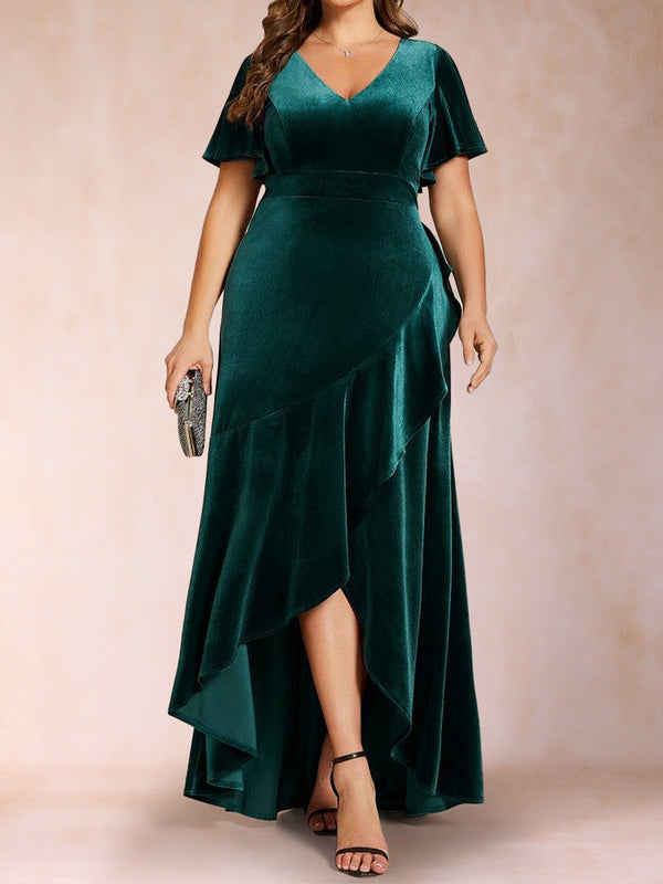 A-Line/Princess V-Neck Short Sleeves Velvet Plus Size Mother Of the Bride Dresses With Split Side