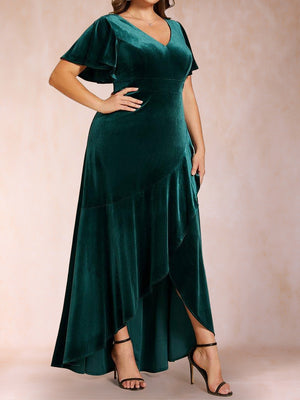 A-Line/Princess V-Neck Short Sleeves Velvet Plus Size Mother Of the Bride Dresses With Split Side