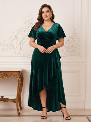 A-Line/Princess V-Neck Short Sleeves Plus Size Mother Of the Bride Dresses With Split Side
