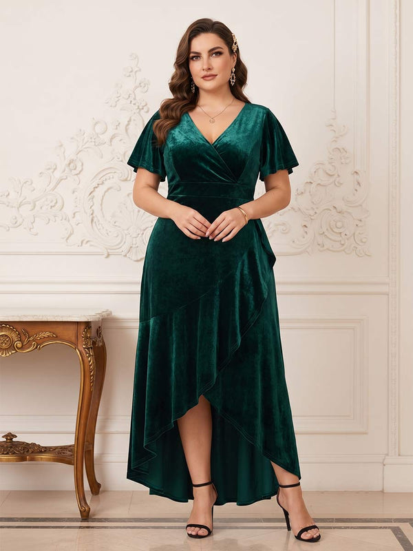 A-Line/Princess V-Neck Short Sleeves Plus Size Mother Of the Bride Dresses With Split Side