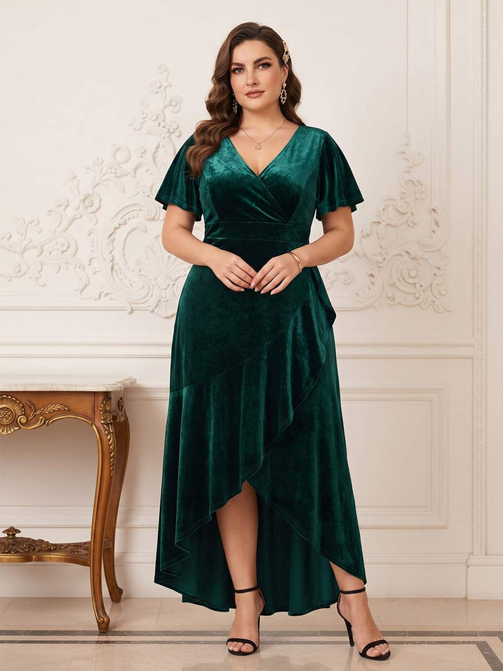 A-Line/Princess V-Neck Short Sleeves Plus Size Mother Of the Bride Dresses With Split Side