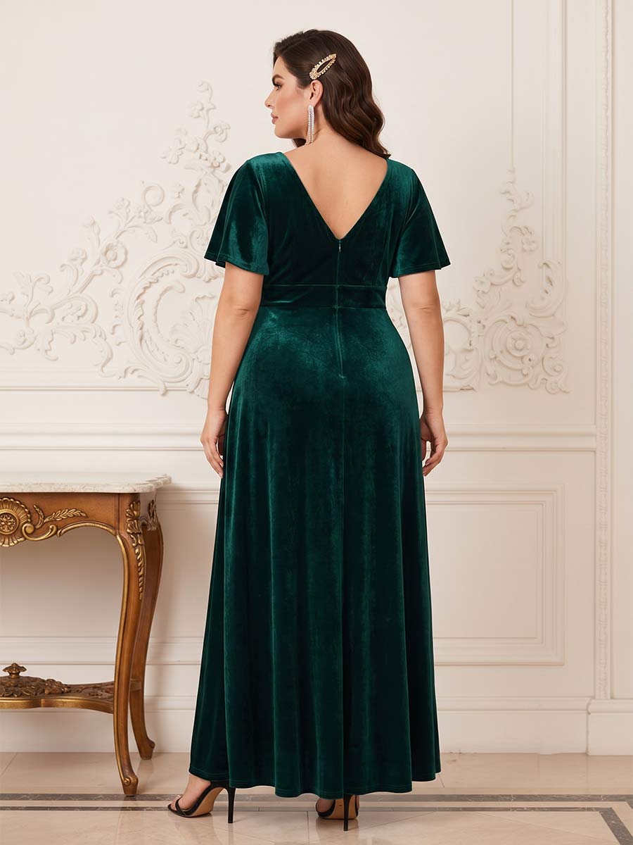 A-Line/Princess V-Neck Short Sleeves Plus Size Mother Of the Bride Dresses With Split Side