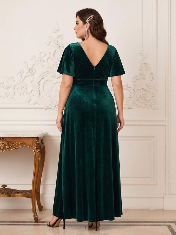 A-Line/Princess V-Neck Short Sleeves Plus Size Mother Of the Bride Dresses With Split Side