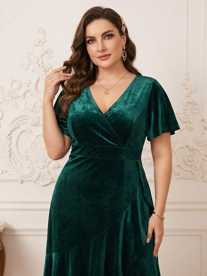 A-Line/Princess V-Neck Short Sleeves Plus Size Mother Of the Bride Dresses With Split Side