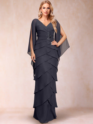 Chiffon Sheath/Column V-Neck Floor-Length Flutter Sleeves Mother Of The Bride Dresses With Ruffle Sequins Appliques Lace