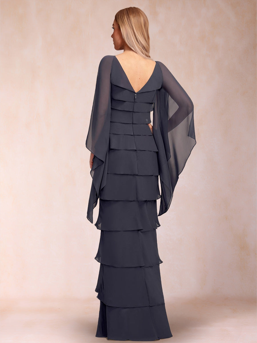 Chiffon Sheath/Column V-Neck Floor-Length Flutter Sleeves Mother Of The Bride Dresses With Ruffle Sequins Appliques Lace