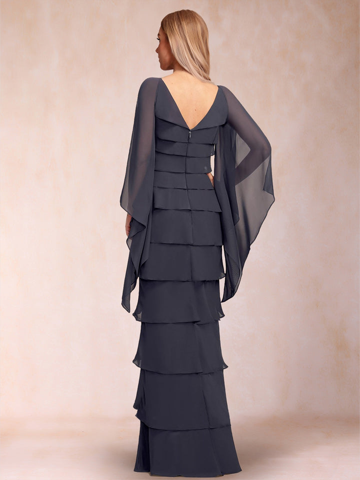 Chiffon Sheath/Column V-Neck Floor-Length Flutter Sleeves Mother Of The Bride Dresses With Ruffle Sequins Appliques Lace