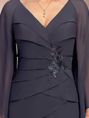 Chiffon Sheath/Column V-Neck Floor-Length Flutter Sleeves Mother Of The Bride Dresses With Ruffle Sequins Appliques Lace