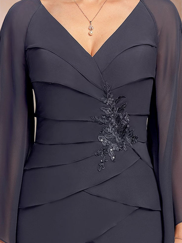 Chiffon Sheath/Column V-Neck Floor-Length Flutter Sleeves Mother Of The Bride Dresses With Ruffle Sequins Appliques Lace