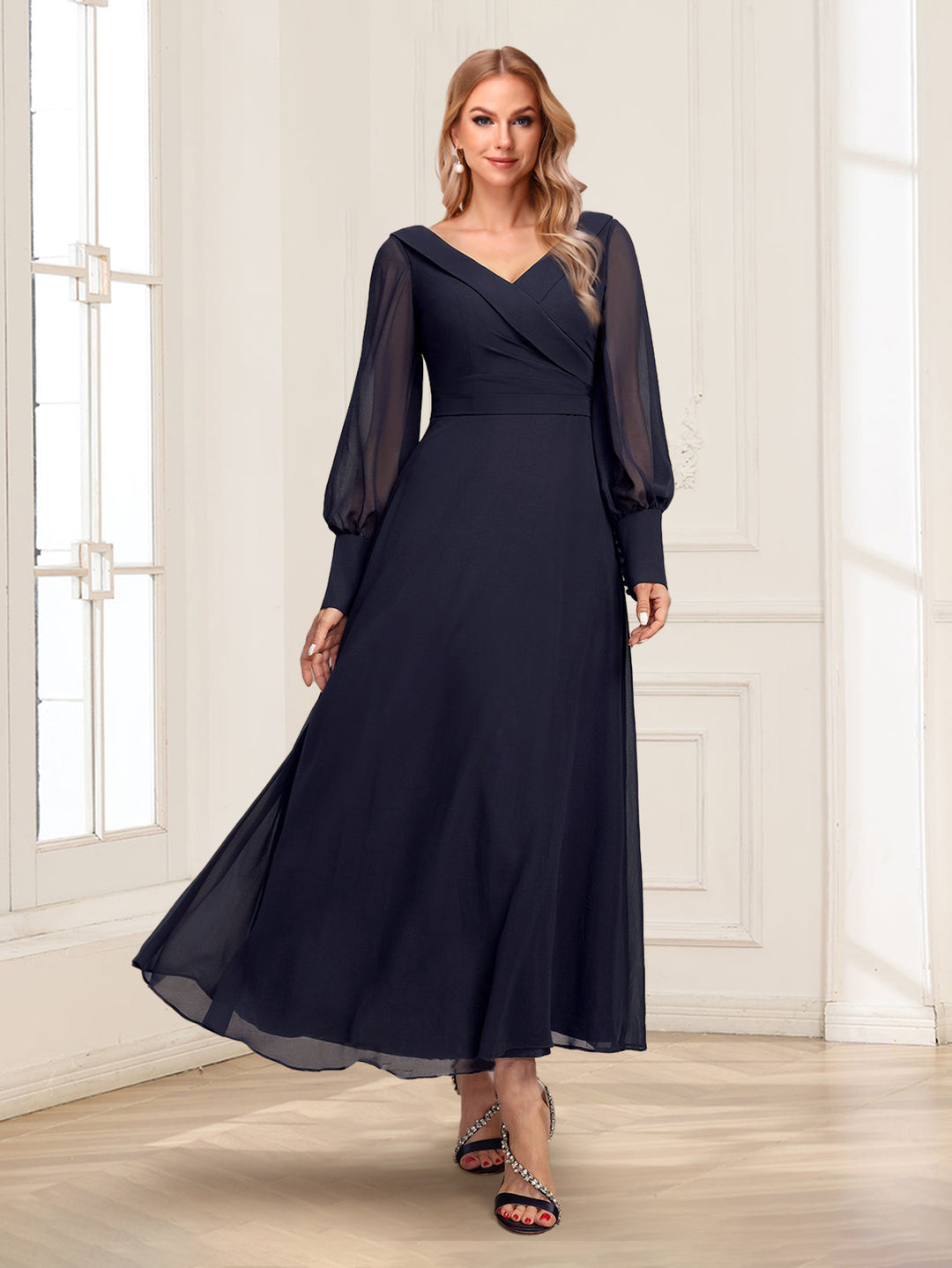 A-Line/Princess V-Neck Collared Long Sleeves Ankle-Length Mother Of The Bride Dresses With Pleated