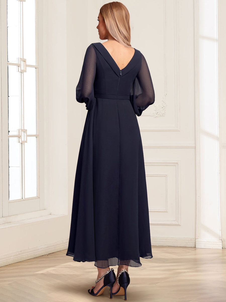 A-Line/Princess V-Neck Collared Long Sleeves Ankle-Length Mother Of The Bride Dresses With Pleated
