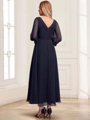 A-Line/Princess V-Neck Collared Long Sleeves Ankle-Length Mother Of The Bride Dresses With Pleated