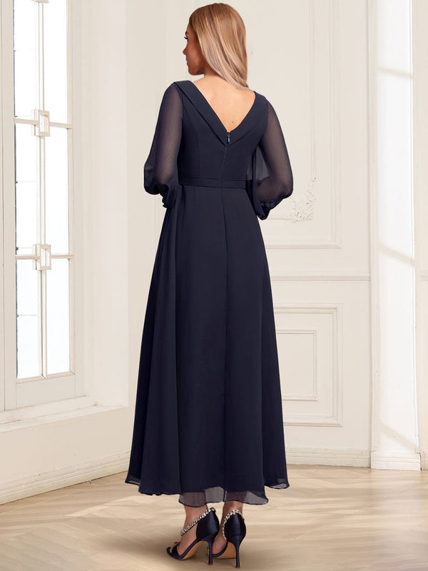 A-Line/Princess V-Neck Collared Long Sleeves Ankle-Length Mother Of The Bride Dresses With Pleated