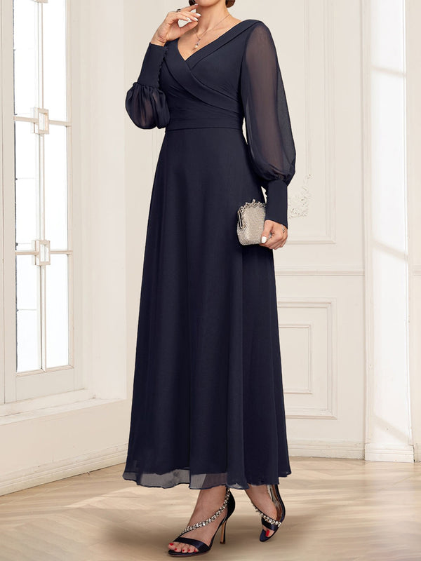 A-Line/Princess V-Neck Collared Long Sleeves Ankle-Length Mother Of The Bride Dresses With Pleated
