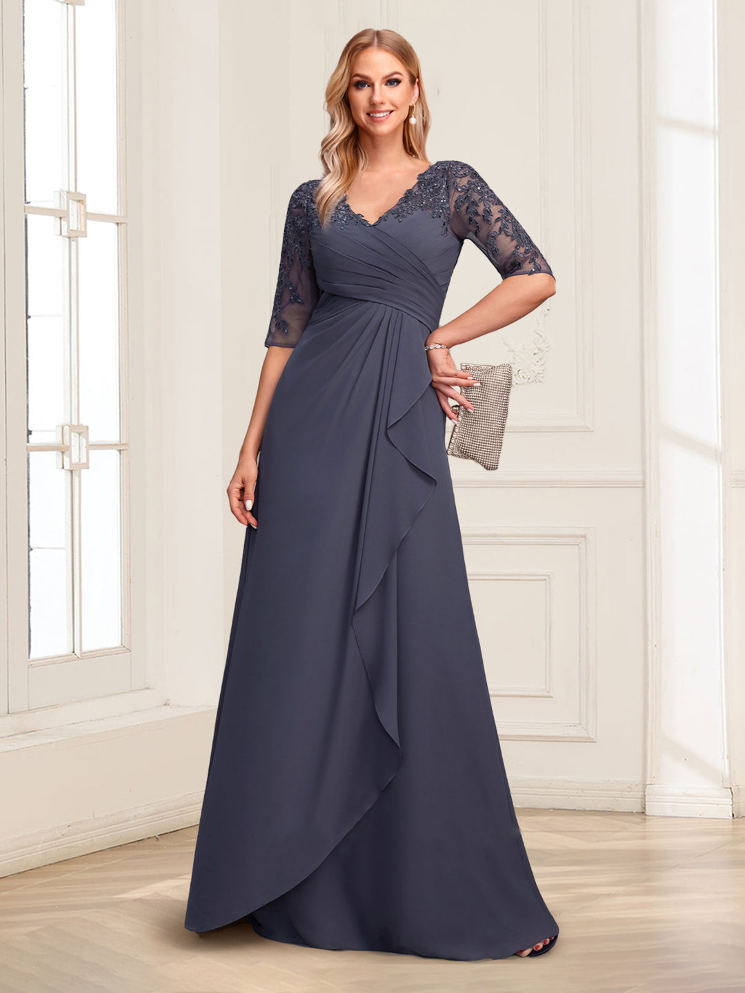 Lace Chiffon A-Line/Princess V-Neck Floor-Length Mother Of The Bride Dresses With Ruffles