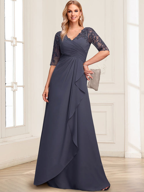 Lace Chiffon A-Line/Princess V-Neck Floor-Length Mother Of The Bride Dresses With Ruffles