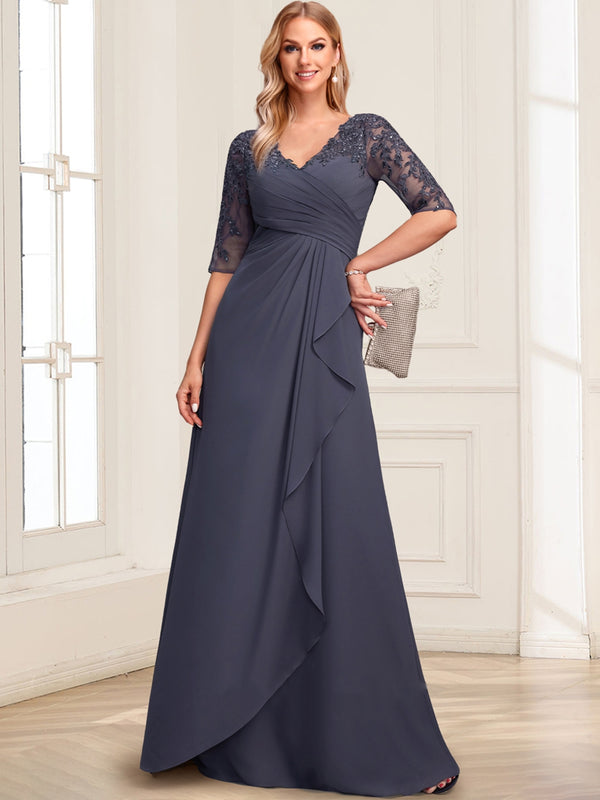 Lace Chiffon A-Line/Princess V-Neck Floor-Length Mother Of The Bride Dresses With Ruffles