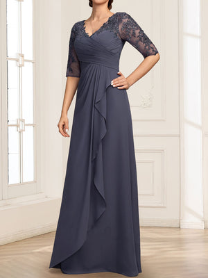 Lace Chiffon A-Line/Princess V-Neck Floor-Length Mother Of The Bride Dresses With Ruffles