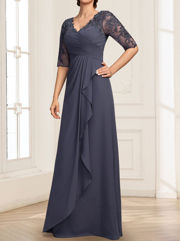 Lace Chiffon A-Line/Princess V-Neck Floor-Length Mother Of The Bride Dresses With Ruffles