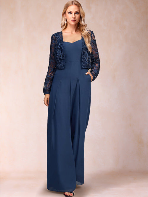 Jumpsuit/Pantsuit Square Neck Floor-Length 2 Pieces Mother of the Bride Dresses with Jacket