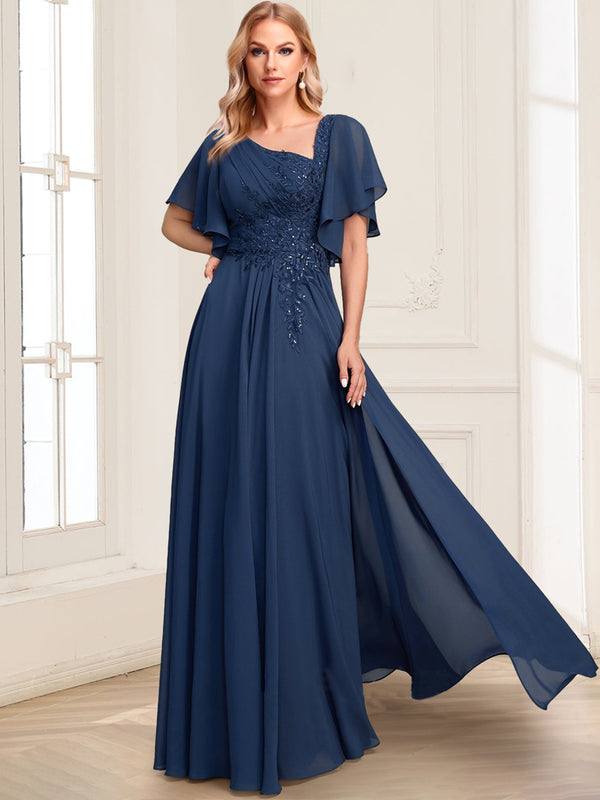 A-Line Asymmetrical V-Neck Short Sleeves Floor-Length Mother Of The Bride Dresses With Pleated Sequins