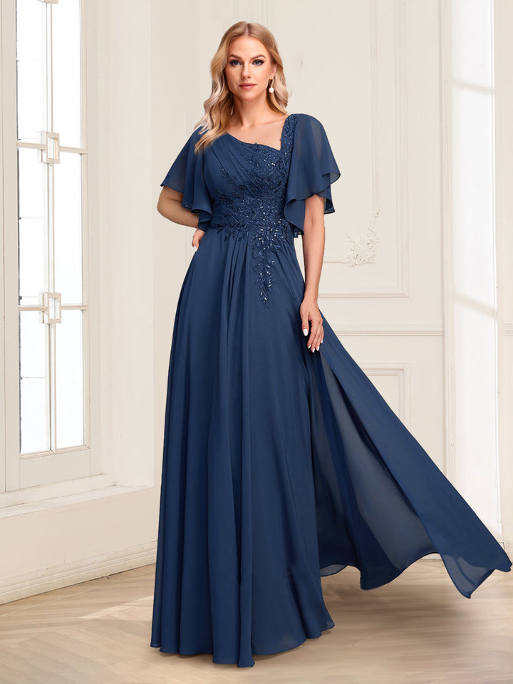 A-Line Asymmetrical V-Neck Short Sleeves Floor-Length Mother Of The Bride Dresses With Pleated Sequins