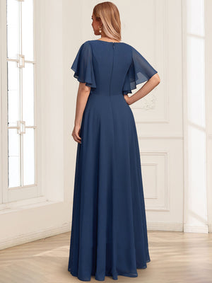 A-Line Asymmetrical V-Neck Short Sleeves Floor-Length Mother Of The Bride Dresses With Pleated Sequins