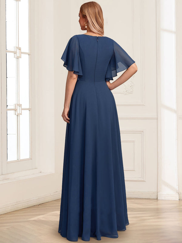 A-Line Asymmetrical V-Neck Short Sleeves Floor-Length Mother Of The Bride Dresses With Pleated Sequins