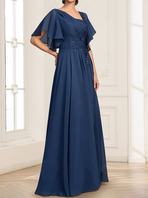A-Line Asymmetrical V-Neck Short Sleeves Floor-Length Mother Of The Bride Dresses With Pleated Sequins