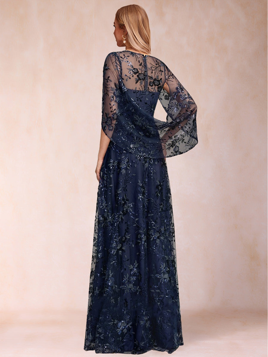 A-line Scoop Short Sleeves Appliques Mother of the Bride Dresses with Cape