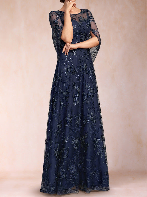 A-line Scoop Short Sleeves Appliques Mother of the Bride Dresses with Cape