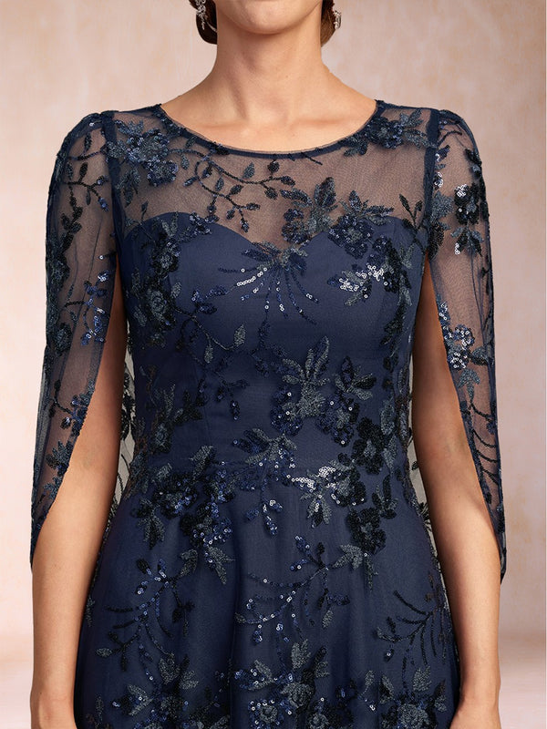 A-line Scoop Short Sleeves Appliques Mother of the Bride Dresses with Cape