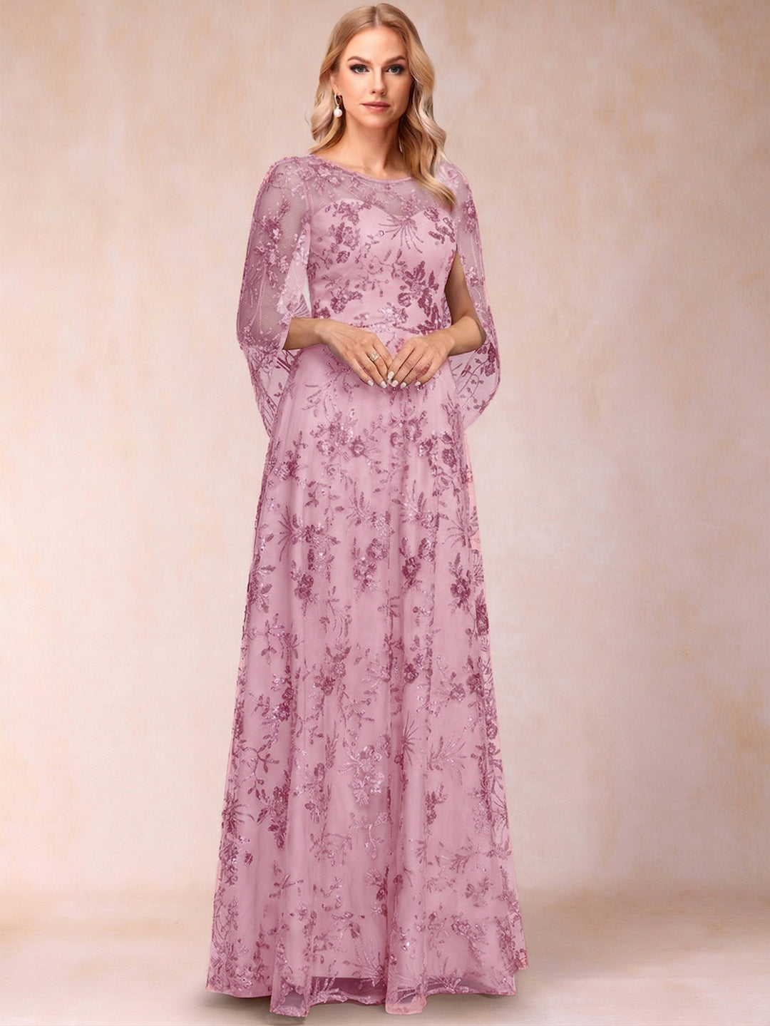 A-line Scoop Short Sleeves Appliques Mother of the Bride Dresses with Cape
