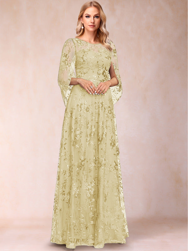 A-line Scoop Short Sleeves Appliques Mother of the Bride Dresses with Cape