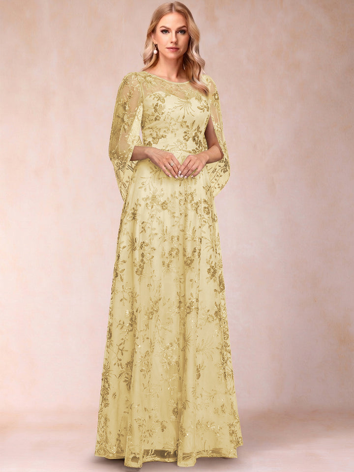 A-line Scoop Short Sleeves Appliques Mother of the Bride Dresses with Cape